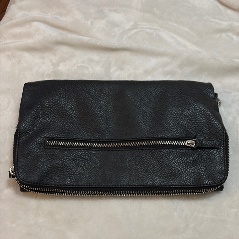 Black Leather Clutch Bag Minimalist Foldover Evening Purse Chain‎ Ready